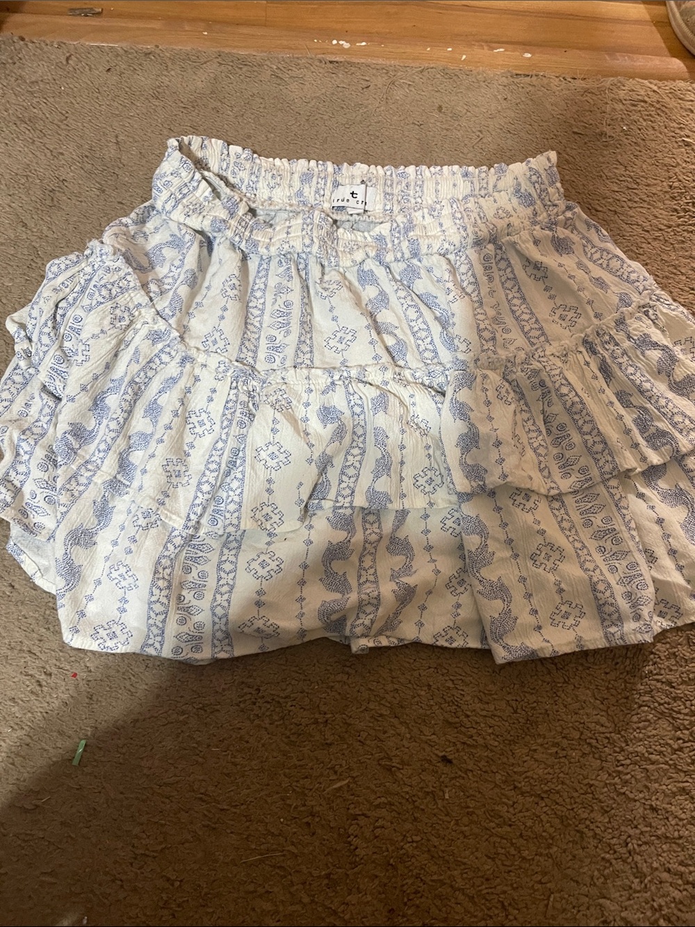 True Craft White Mini Skirt with Light Blue Floral Stripe Print
